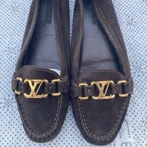 Louis Vuitton Women Dark Brown Suede Loafers With Gold LV Emblem Size 7.5